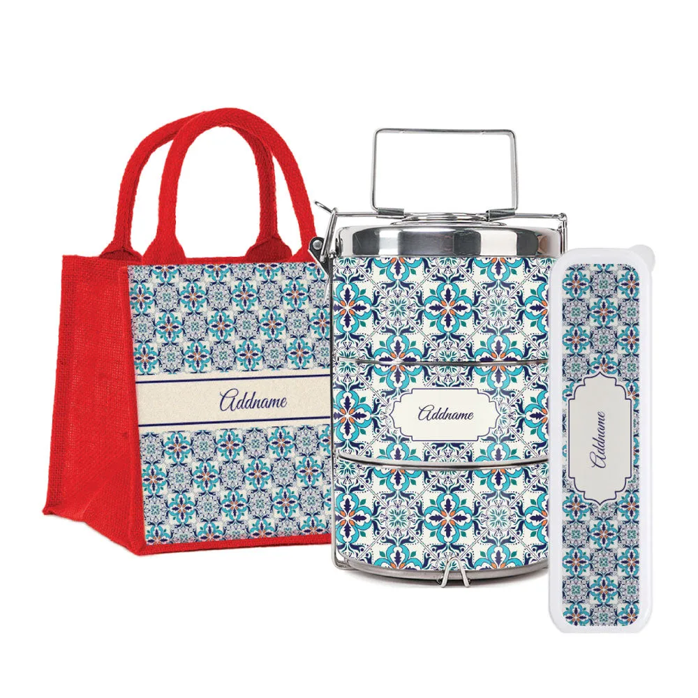 Moroccan Frost Blue Tiffin Carrier, Jute Tote Bag  & Cutlery Set [FREE Custom Add Name]