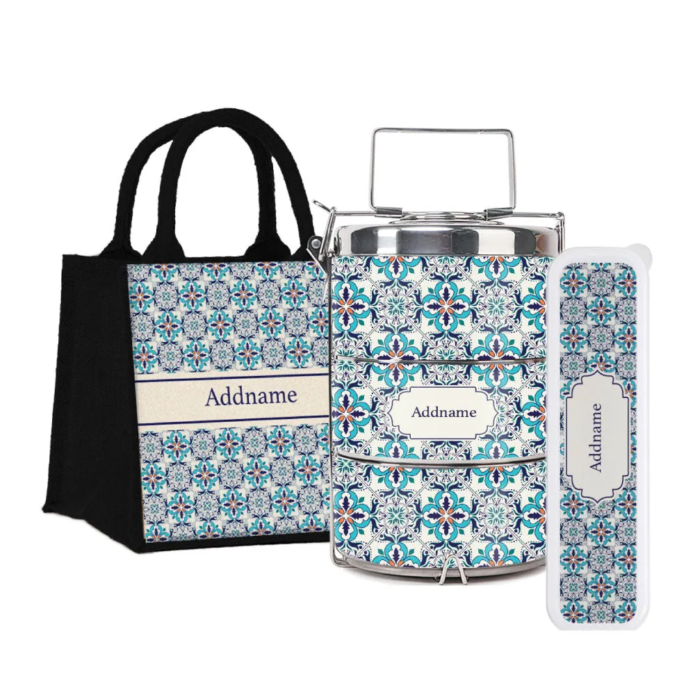 Moroccan Frost Blue Tiffin Carrier, Jute Tote Bag  & Cutlery Set [FREE Custom Add Name]