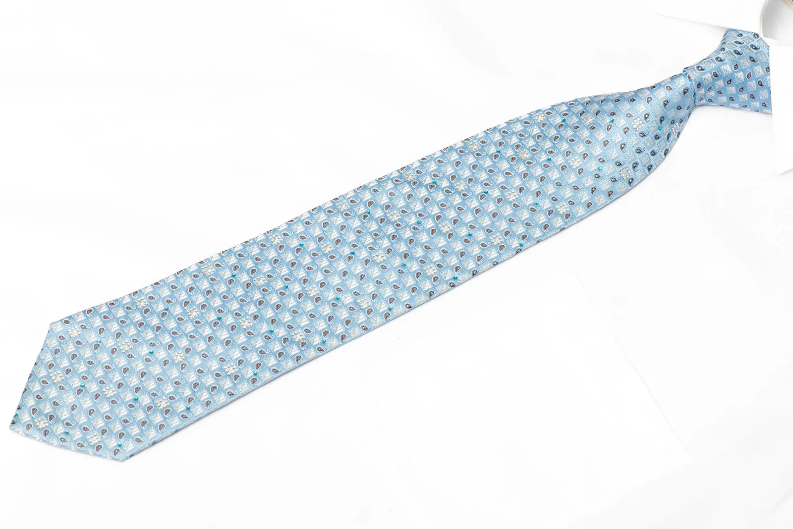 Paisley Checkered Motif On Light Blue Silver Rhinestone Tie With Silver Sparkles