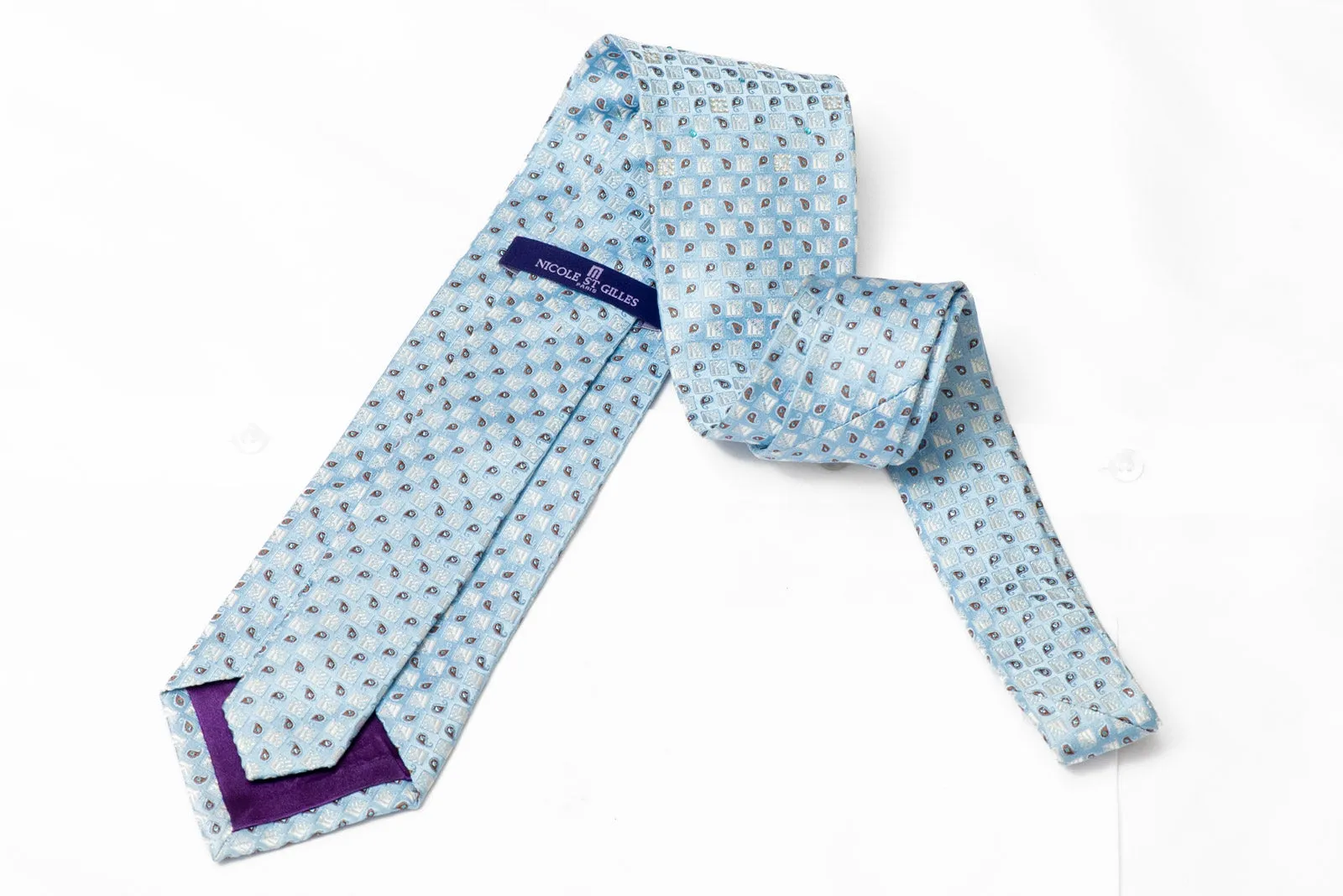 Paisley Checkered Motif On Light Blue Silver Rhinestone Tie With Silver Sparkles