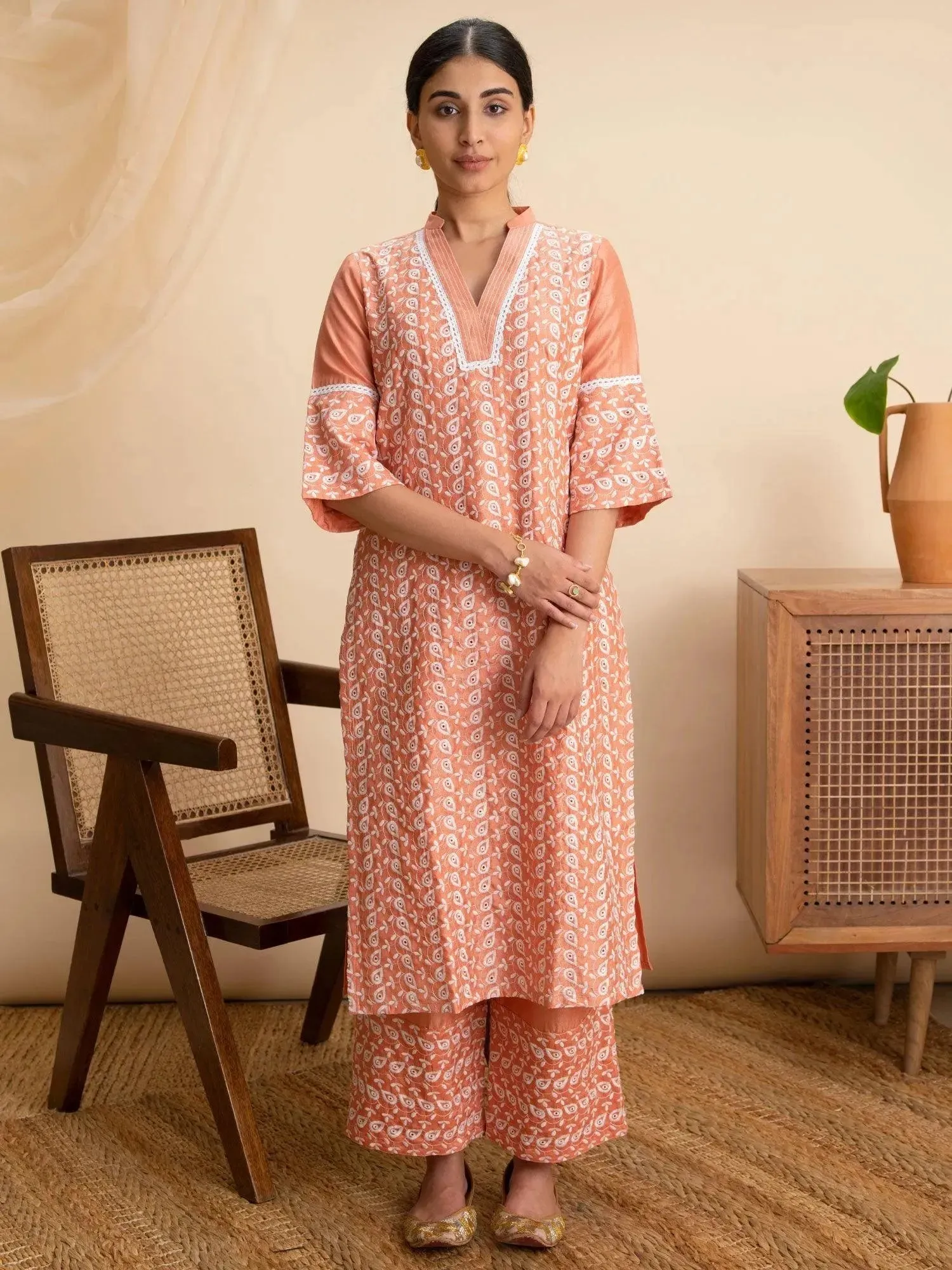 Peach Embroidered Silk Kurta