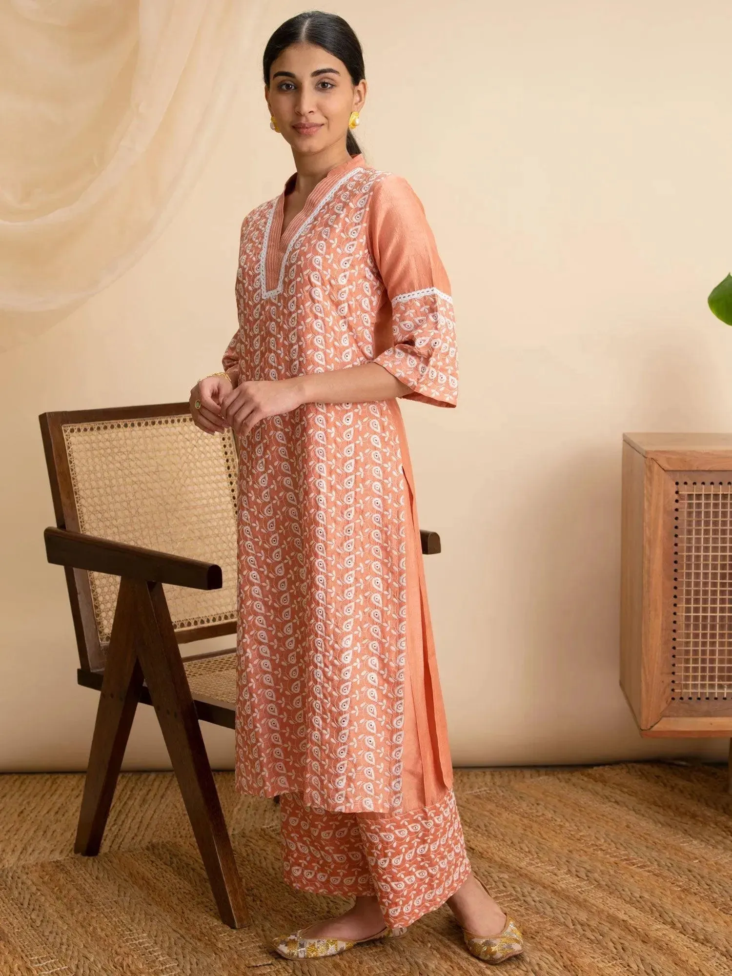 Peach Embroidered Silk Kurta