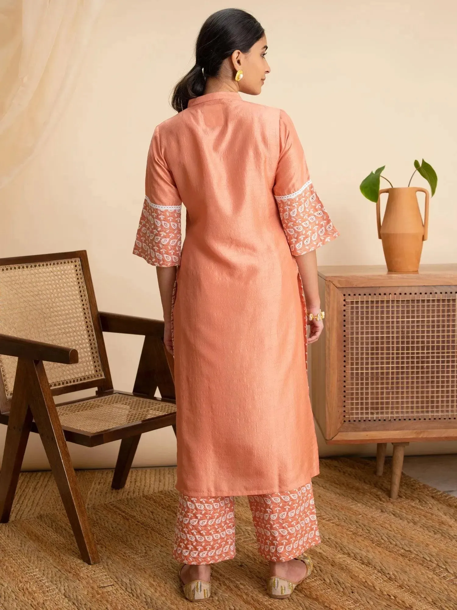 Peach Embroidered Silk Kurta