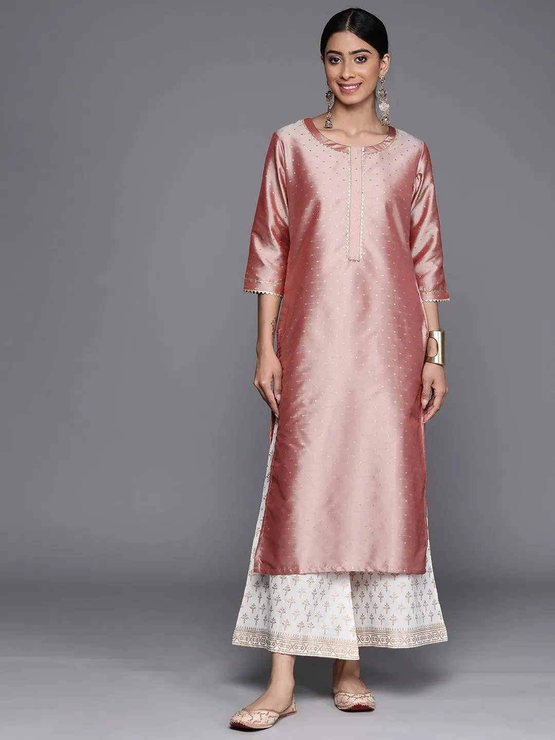 Peach Woven Design Art Silk Straight Kurta