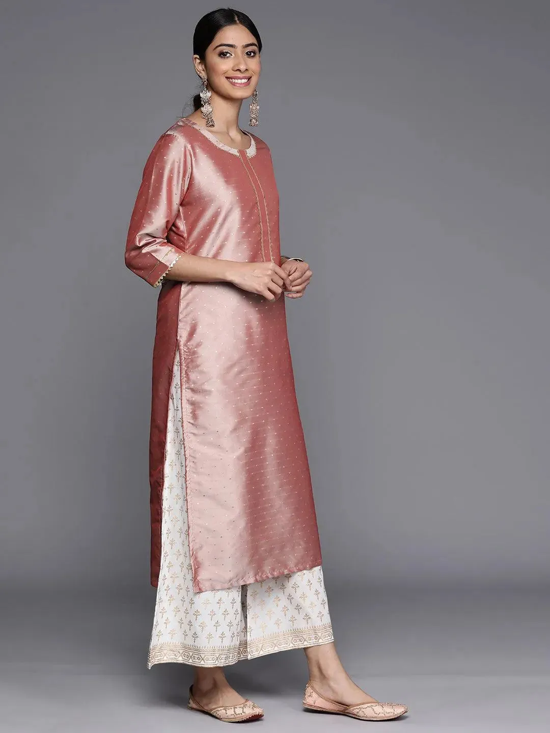 Peach Woven Design Art Silk Straight Kurta