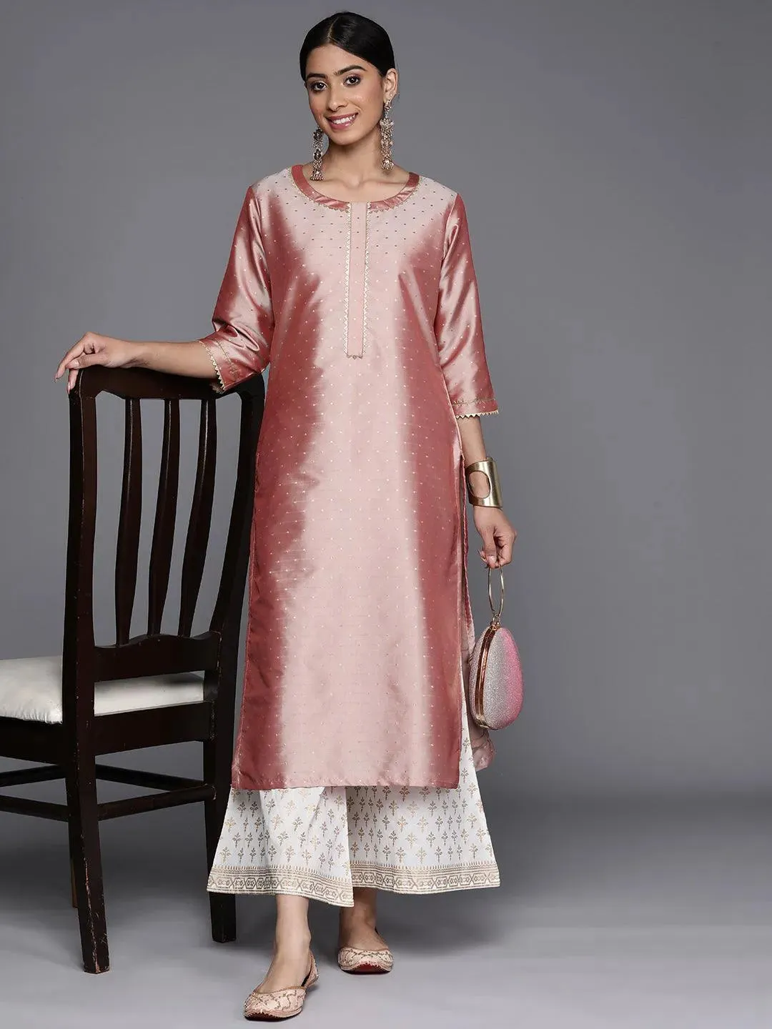 Peach Woven Design Art Silk Straight Kurta