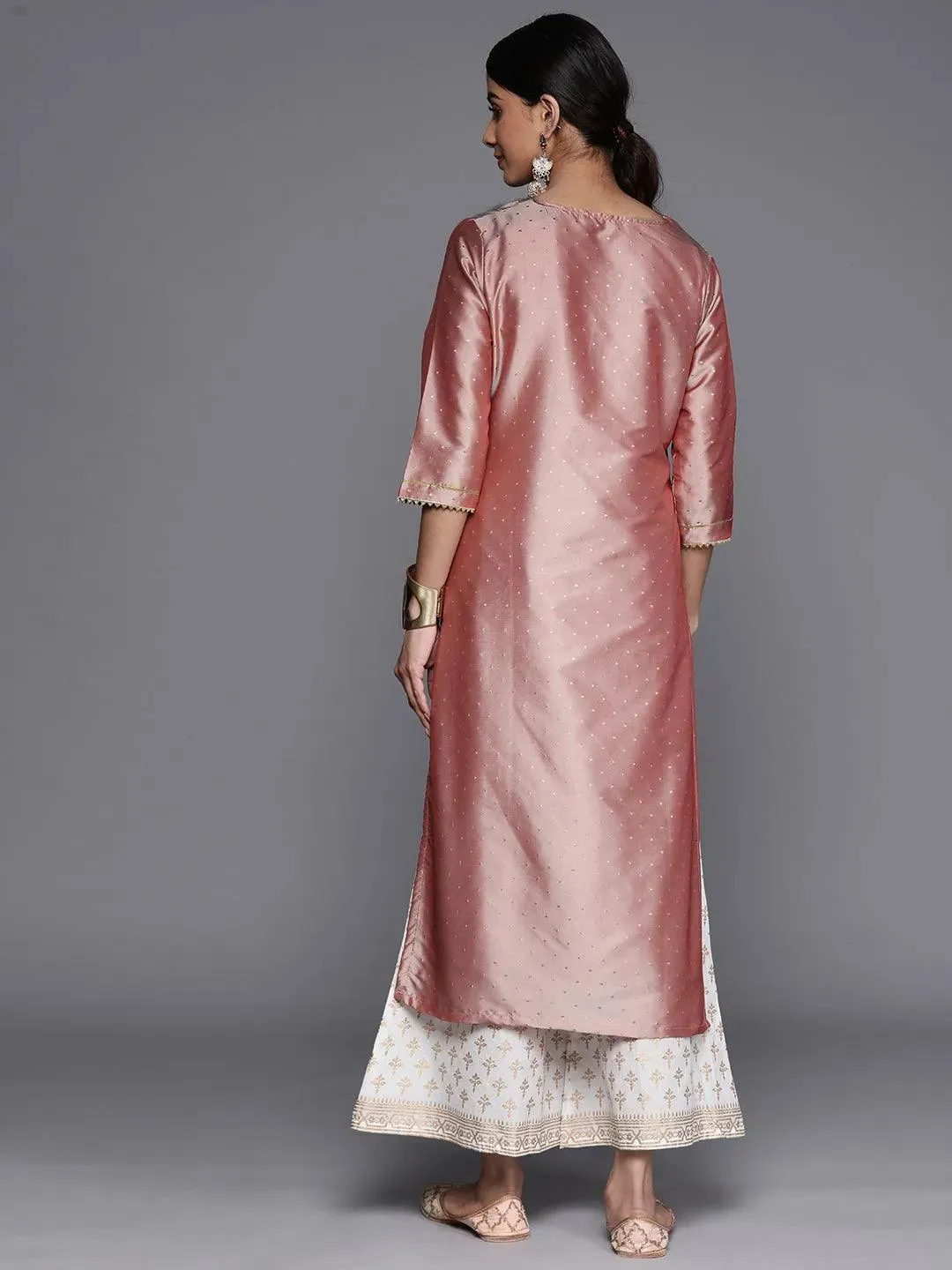 Peach Woven Design Art Silk Straight Kurta