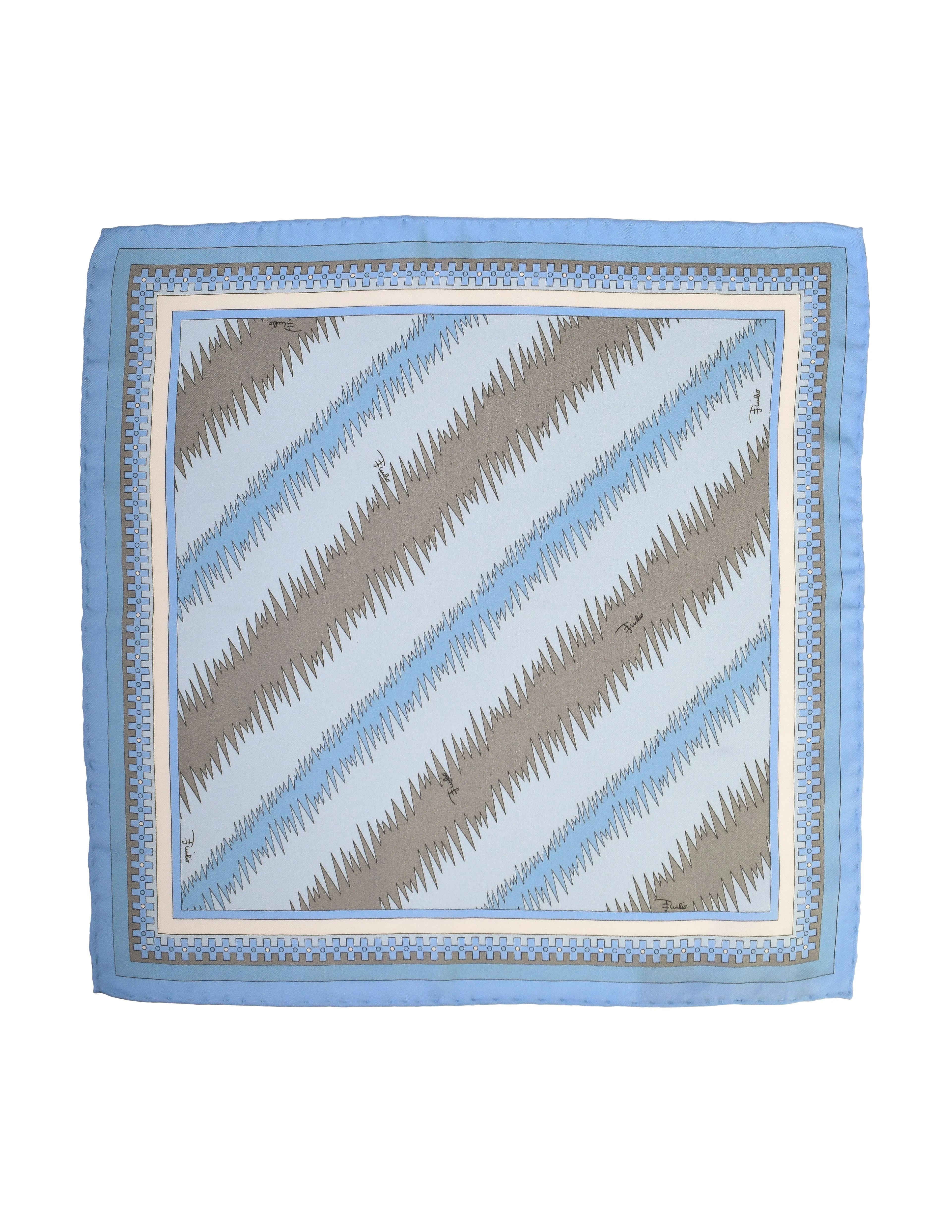 Pucci Vintage Baby Blue Grey Graphic Print Silk Small Pocket Square Scarf