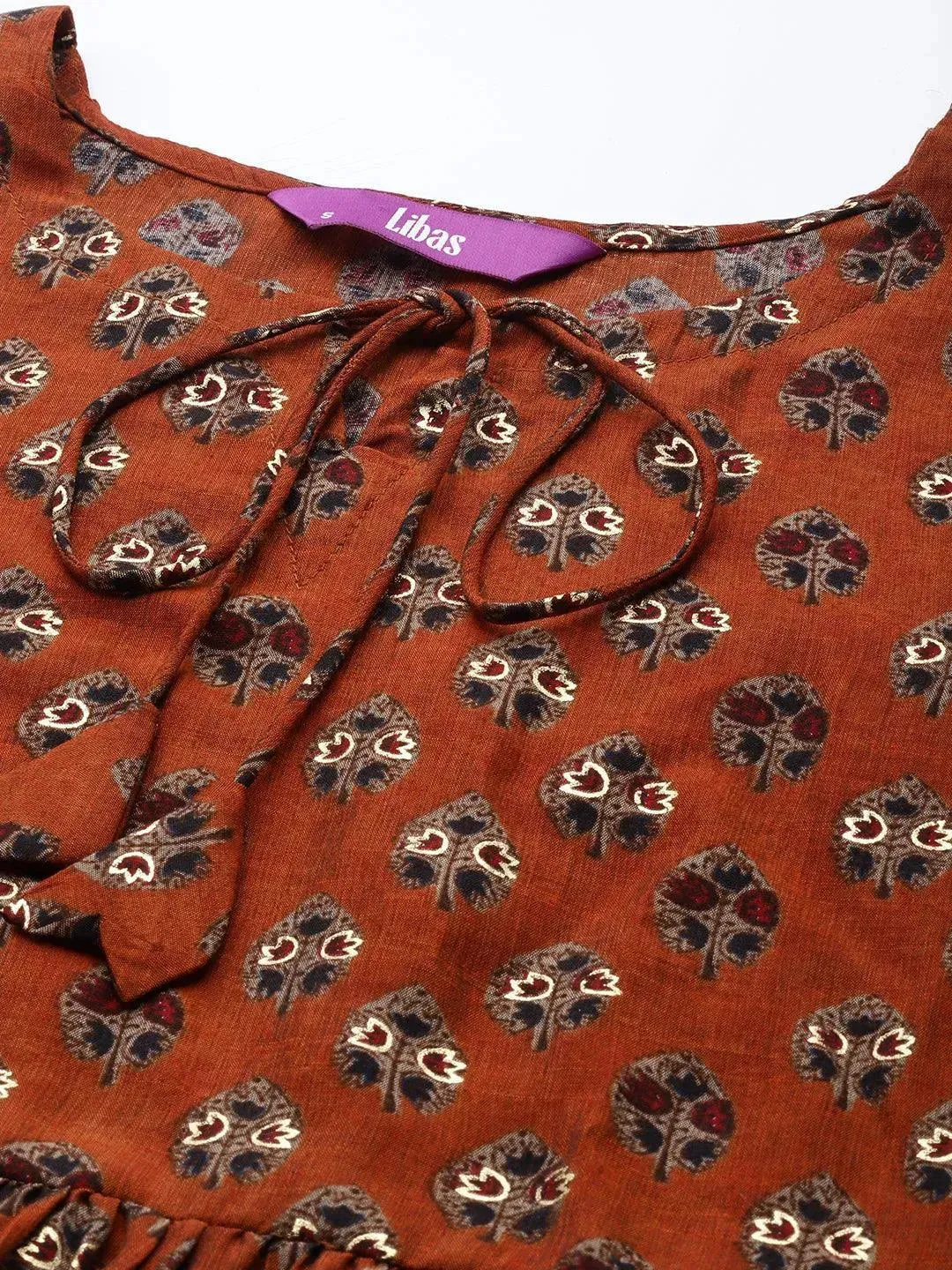 Rust Printed Silk Blend A-Line Kurti