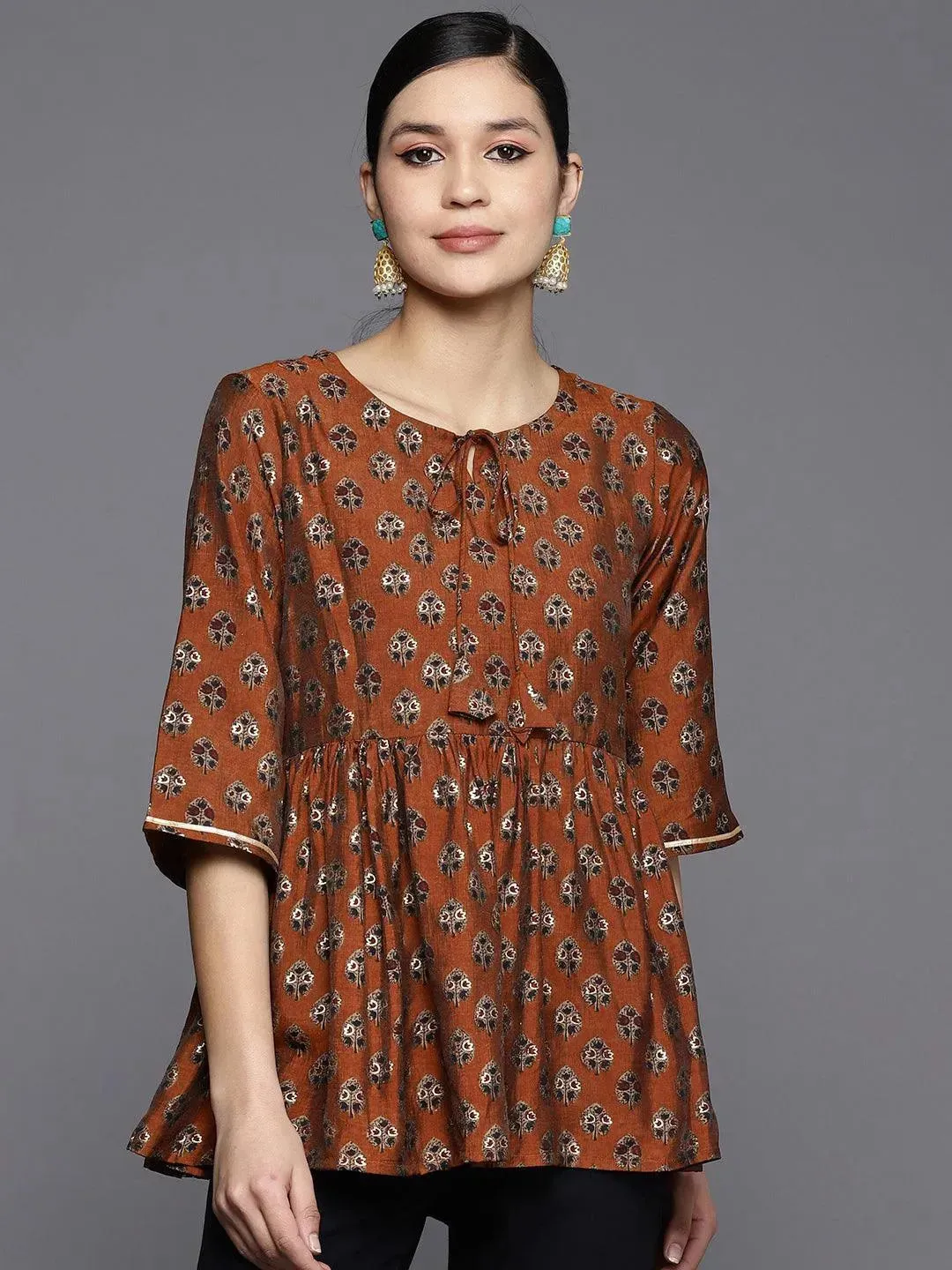 Rust Printed Silk Blend A-Line Kurti