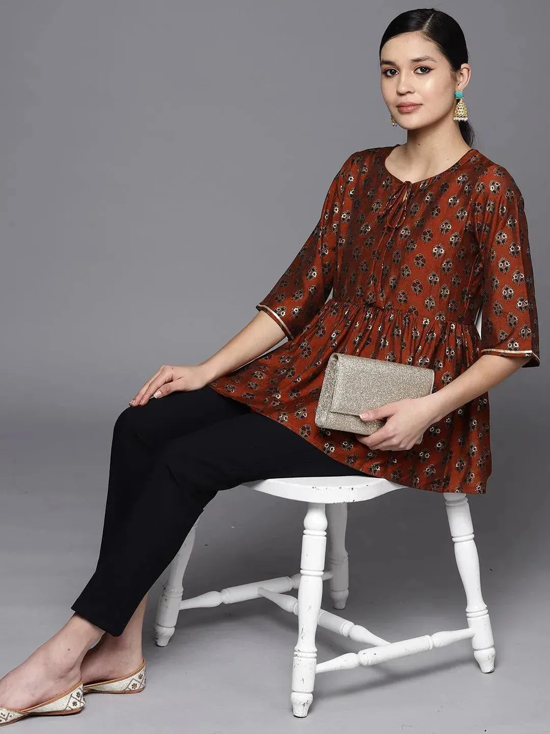 Rust Printed Silk Blend A-Line Kurti