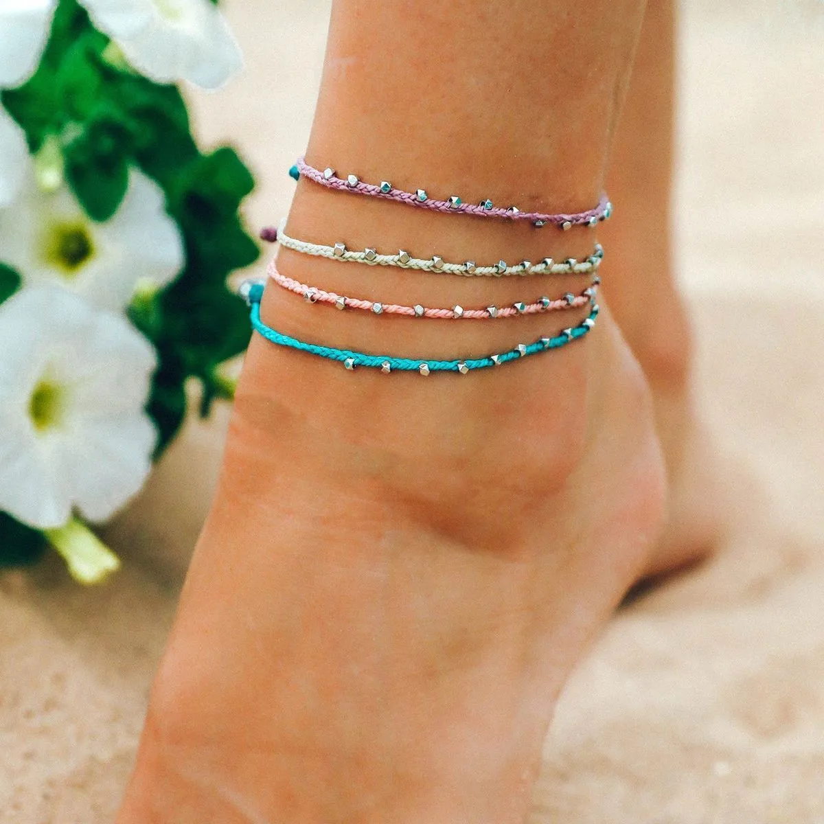 Silver Stitched Bead Anklet Lavender