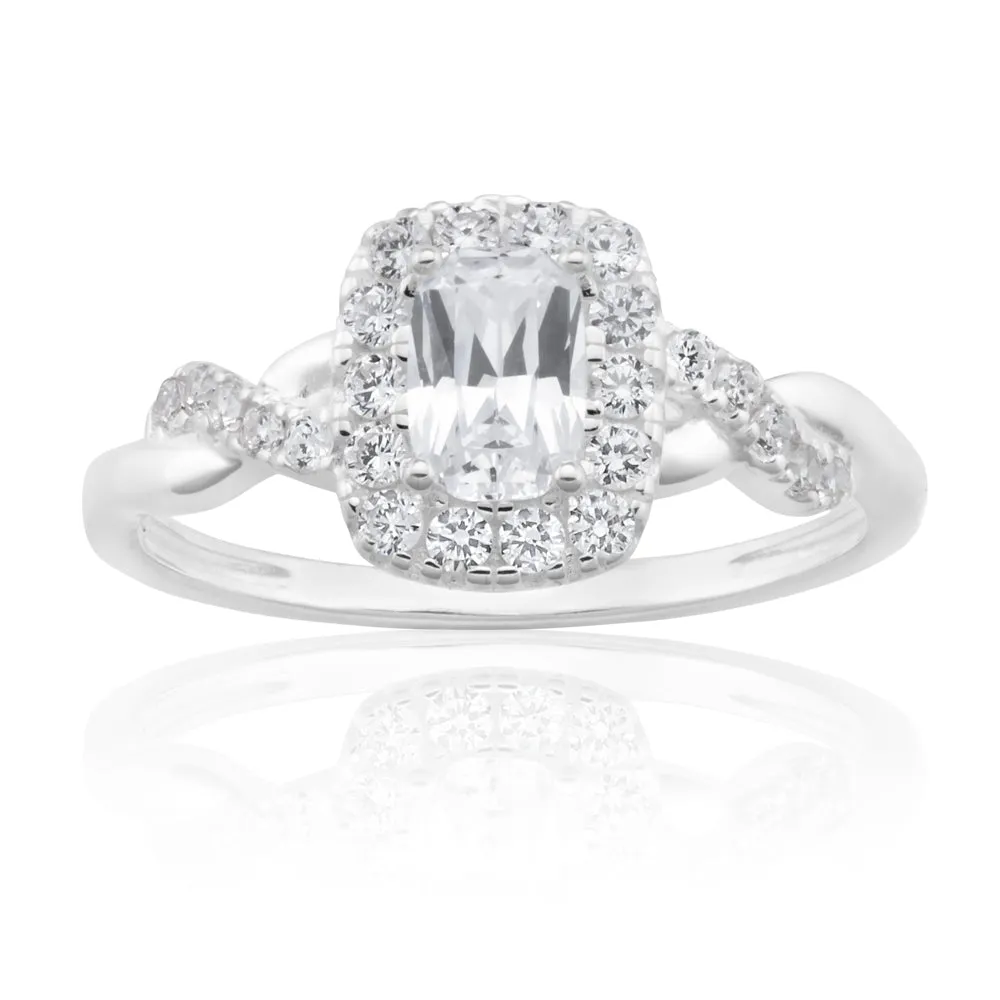 Sterling Silver Zirconia Cushion Cut Halo Crossover Ring