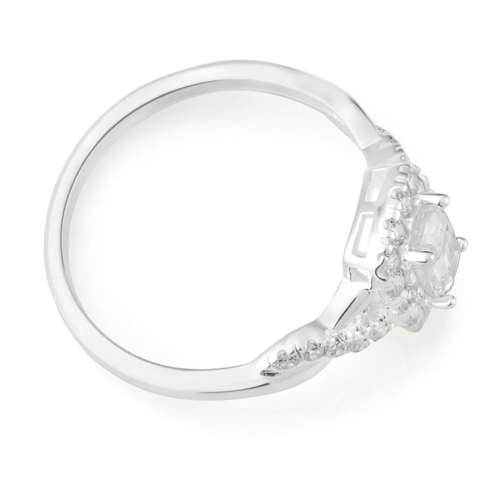 Sterling Silver Zirconia Cushion Cut Halo Crossover Ring