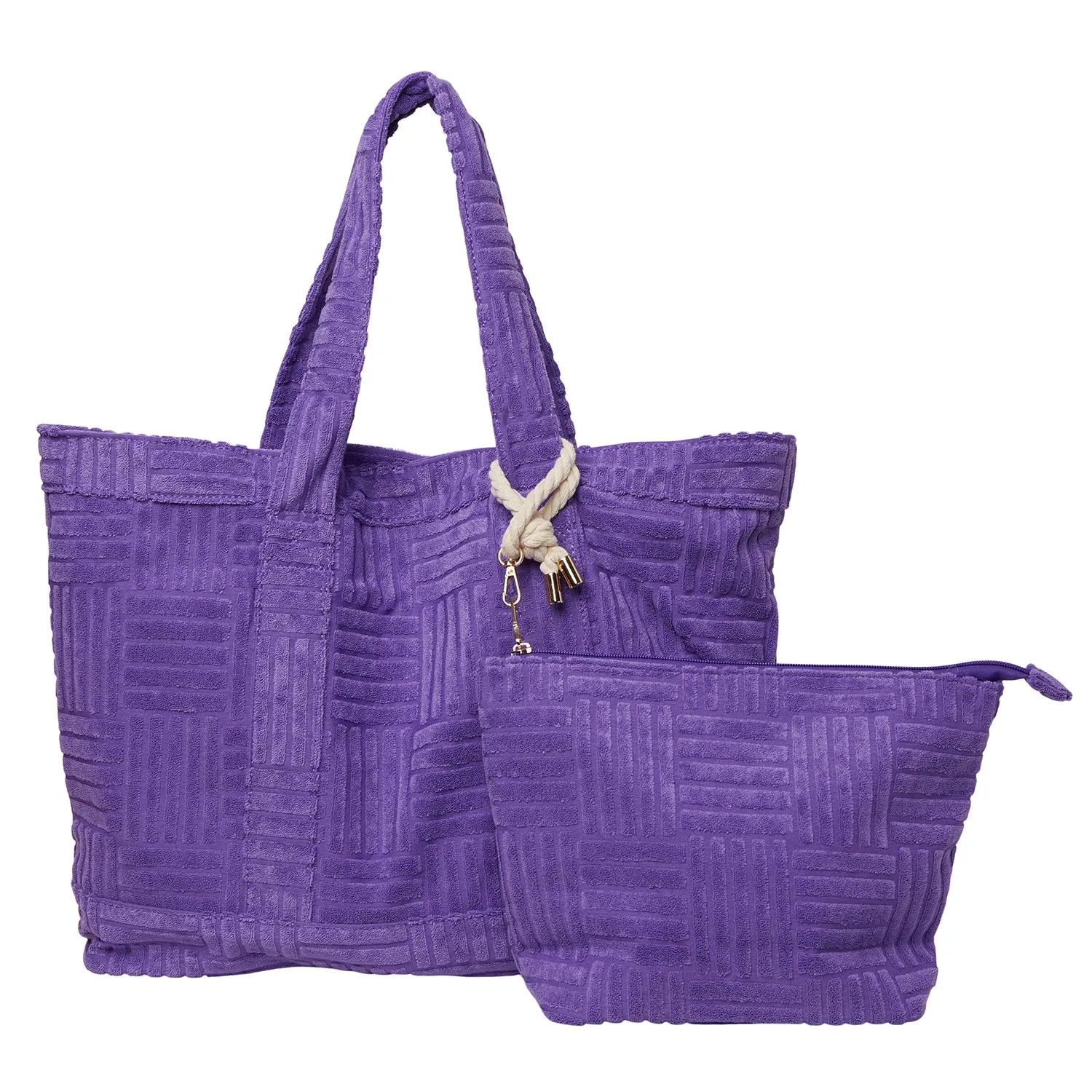 Towelling Beach Bag & Clutch Set - Purple