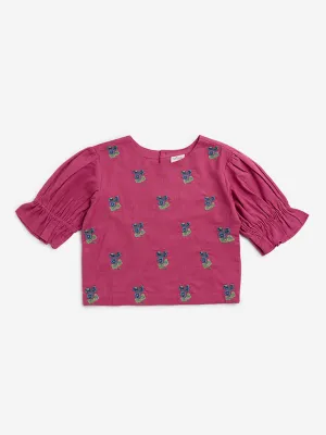 Utsa Kids Pink Floral Embroidered Cotton Blend Top - (8-14yrs)