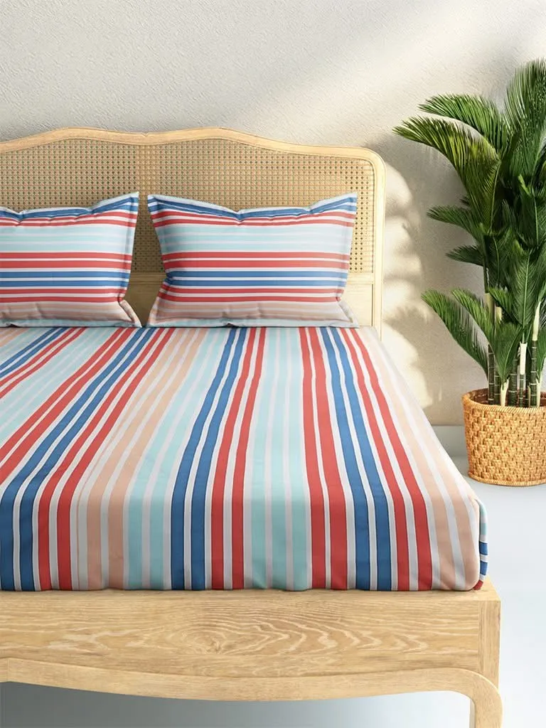 Westside Home Multicolour Striped 144TC King Bedsheet with Two Pillowcases