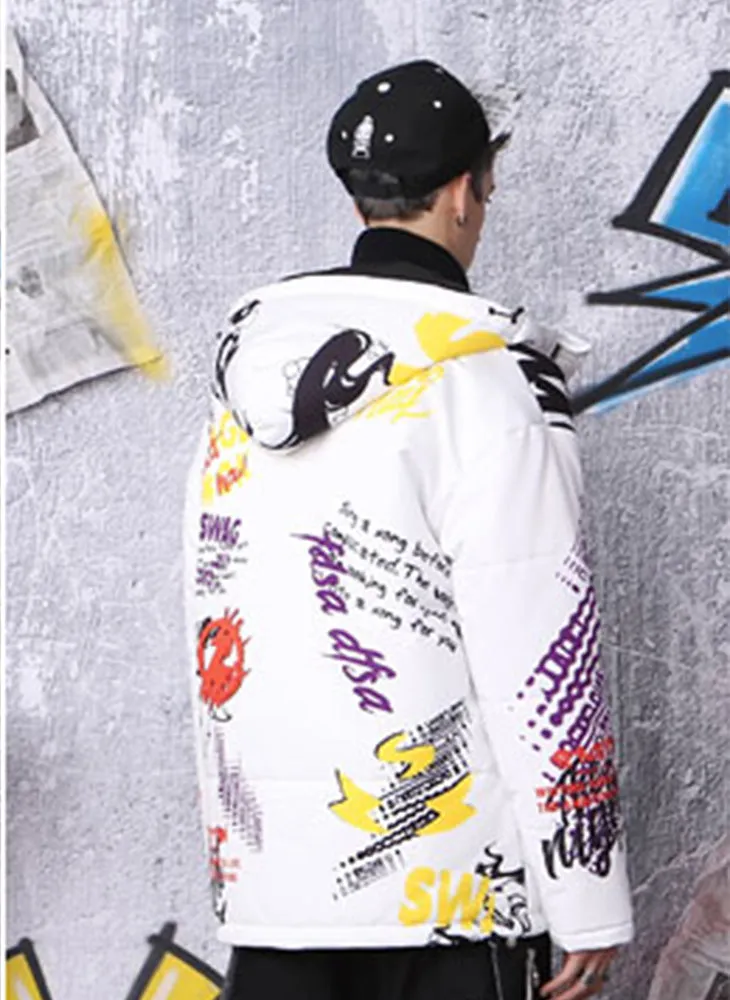 White Hip Hop Dazzling Print Padded Coat