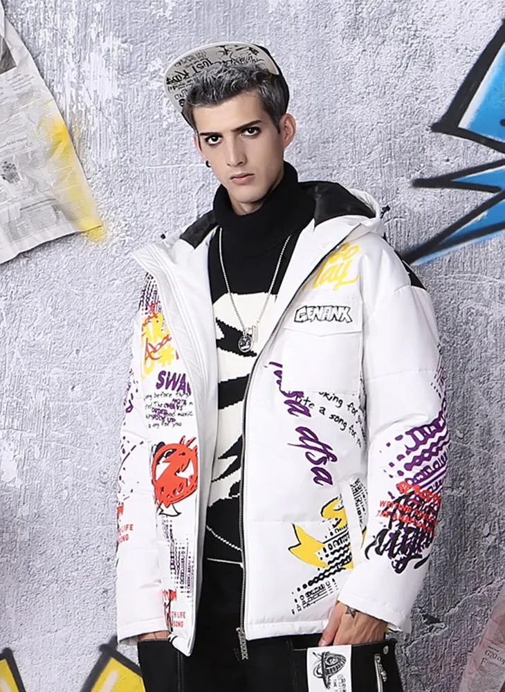 White Hip Hop Dazzling Print Padded Coat