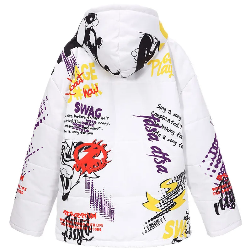 White Hip Hop Dazzling Print Padded Coat