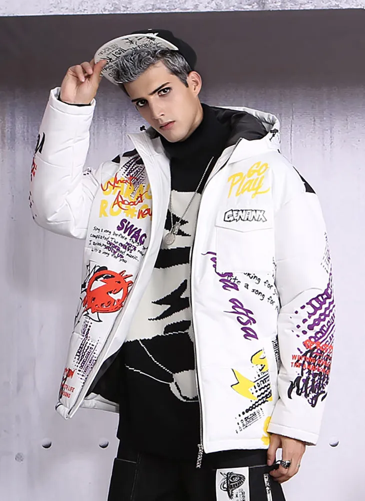 White Hip Hop Dazzling Print Padded Coat