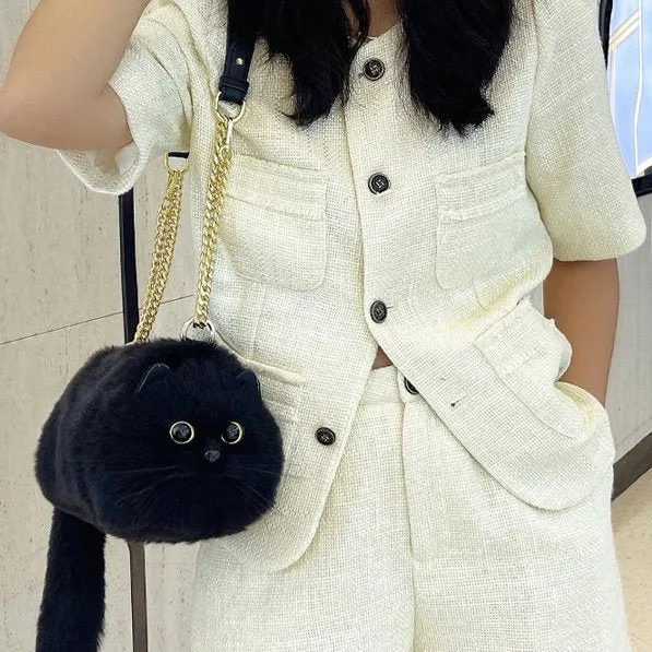 Winter Plush Cute Cat Bag - Cat Shaped Shoulder Bag for Women