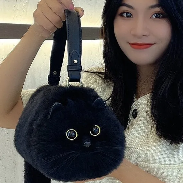 Winter Plush Cute Cat Bag - Cat Shaped Shoulder Bag for Women