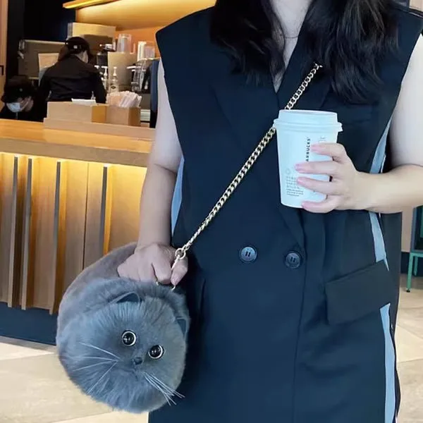 Winter Plush Cute Cat Bag - Cat Shaped Shoulder Bag for Women