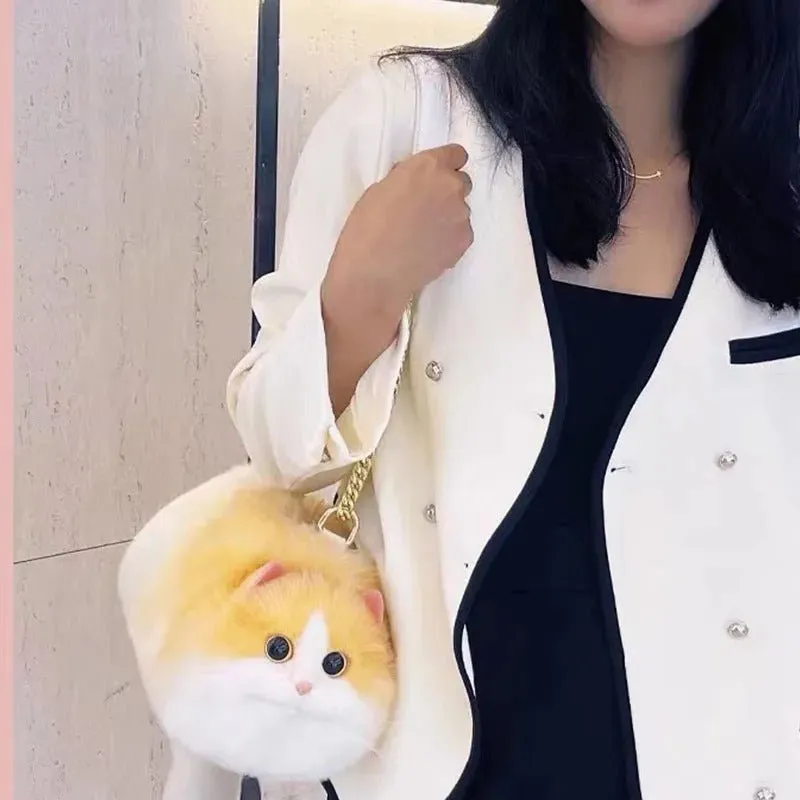 Winter Plush Cute Cat Bag - Cat Shaped Shoulder Bag for Women