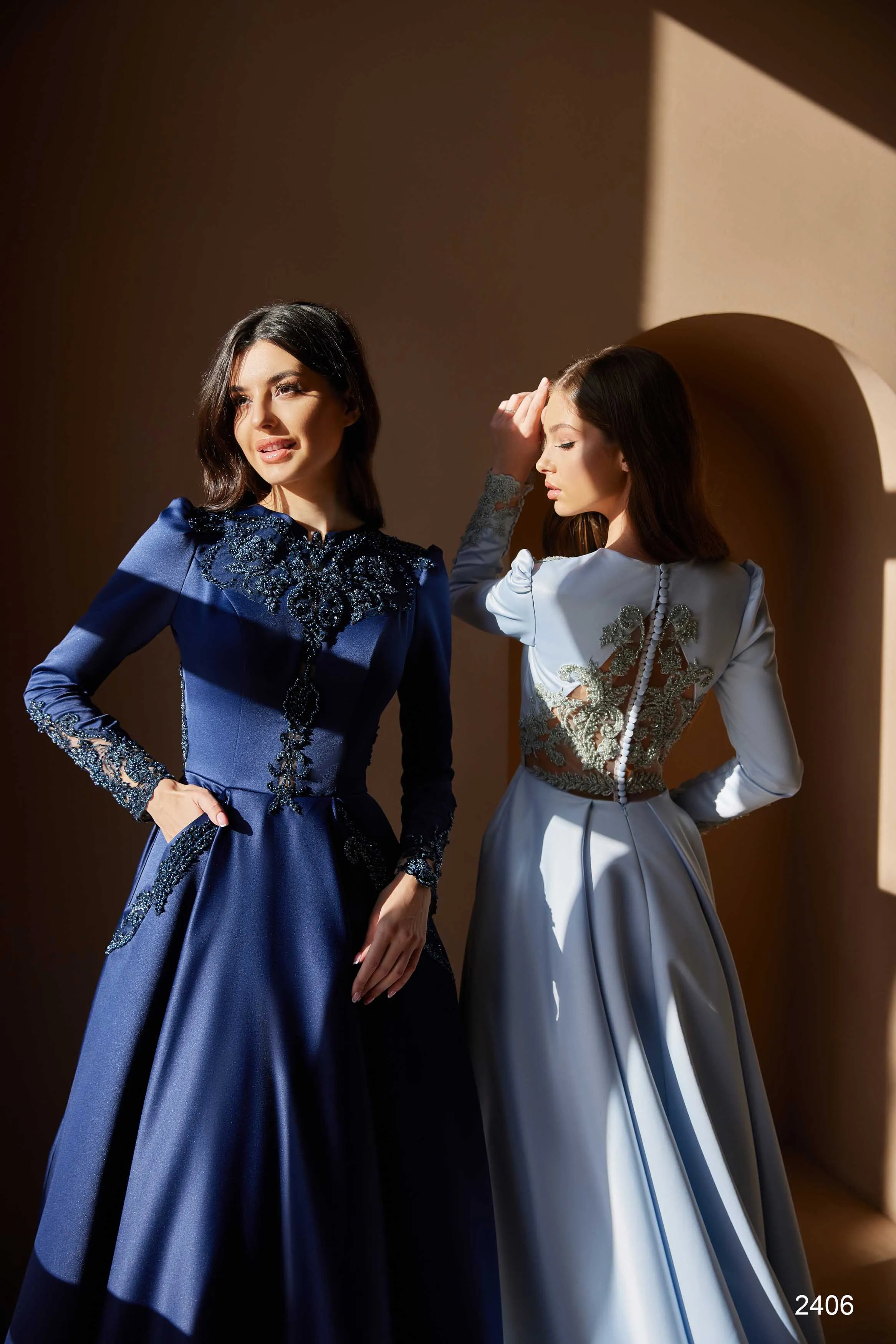 Winter Wedding Guest Dress in Navy Blue with Sleeves