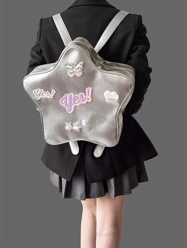 Y2K Star Laser Black Pink Silver Leather Bag Chain Shoulder Backpack