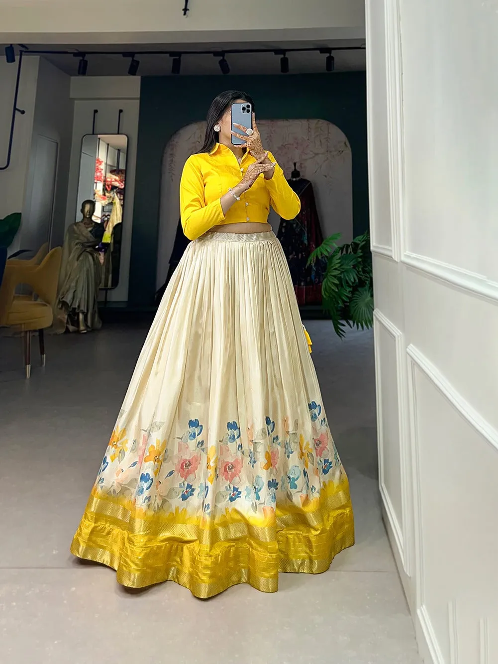 Yellow Color Dazzling Dola Silk Floral Lehenga Choli