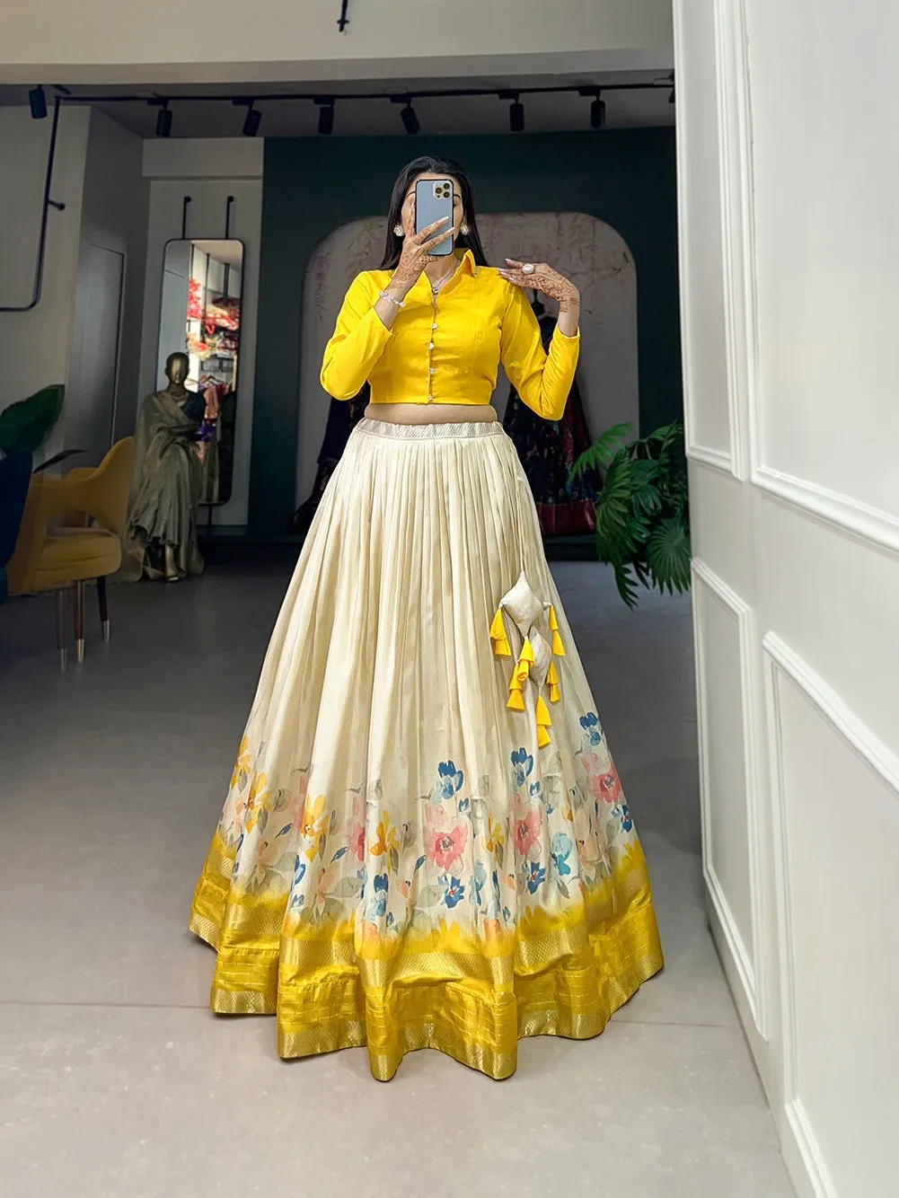 Yellow Color Dazzling Dola Silk Floral Lehenga Choli